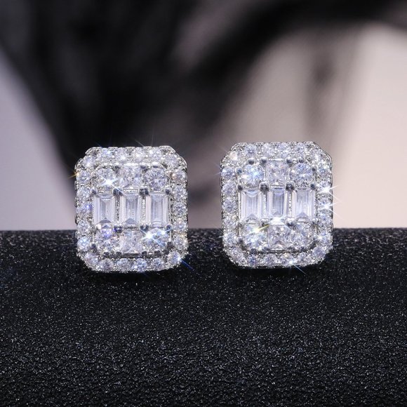 NEW Silver Baguette Round Diamond Stud Earrings - Picture 2 of 7